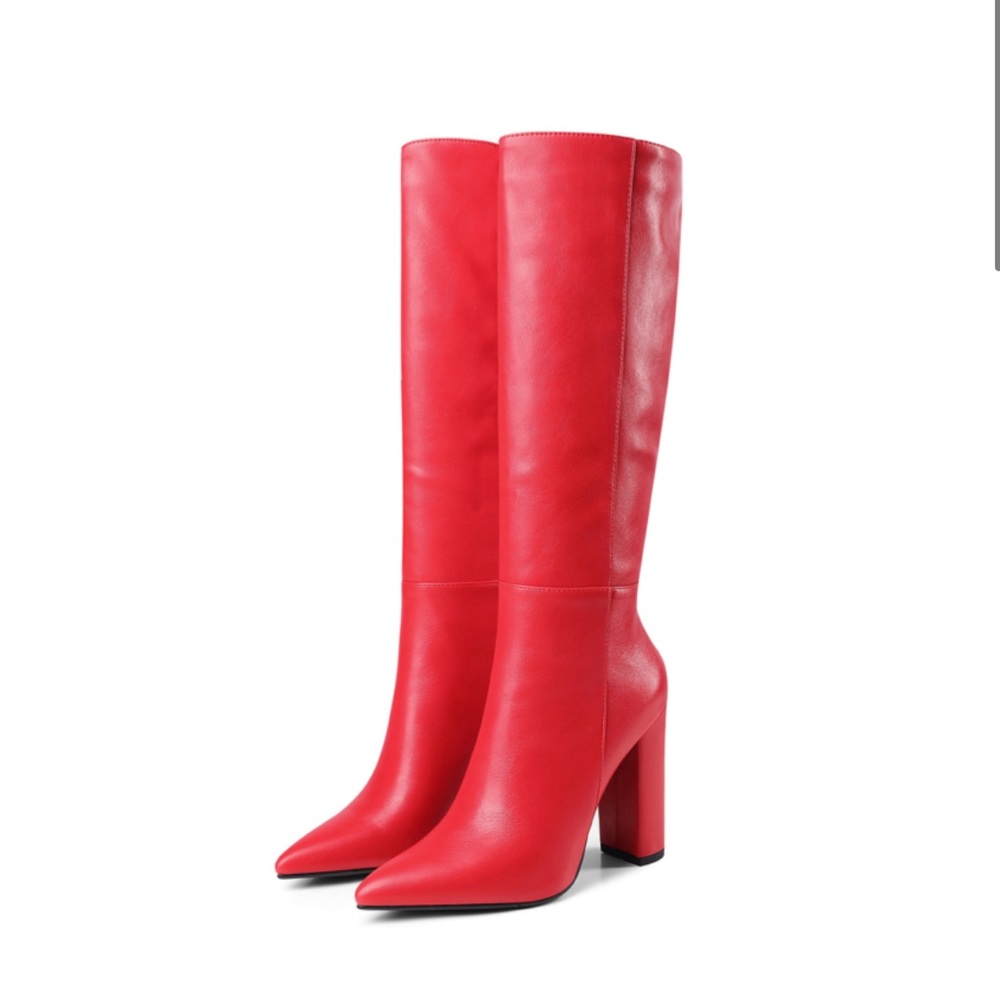 Red Knee High Boots with Pointed Toe